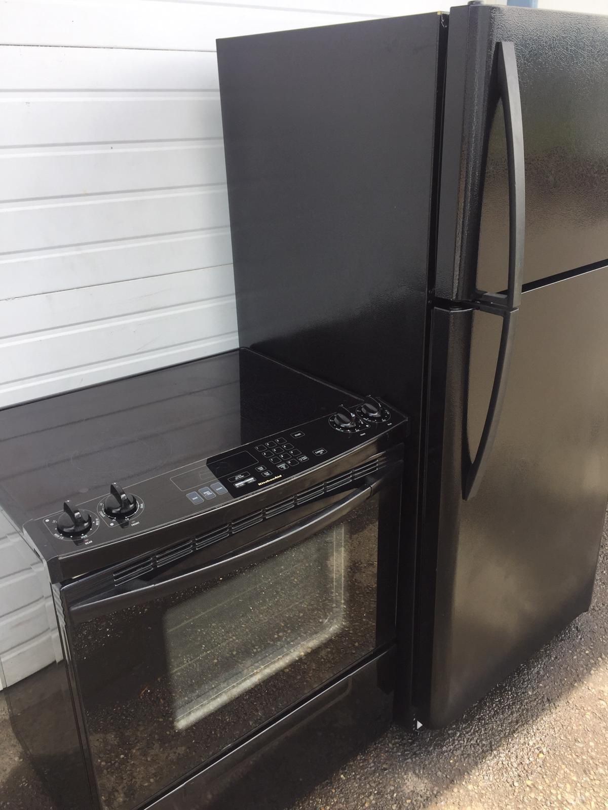 Black kitchen set slide in glass top stove oven & black refrigerator fridge