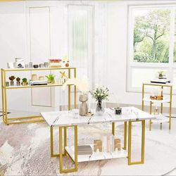  3 Pieces Modern Coffee Set, with End Table and Console Table, Contemporary Faux Marble Living Roo