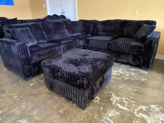$0 Down! Corduroy Black Sectional With Ottoman