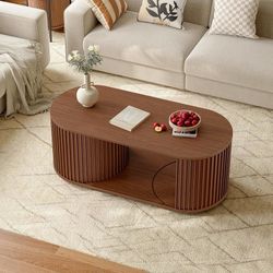 47" Multi-Functional Coffee Table with Storage, Oval Coffee Table with Vertical Striped Sliding Door & Round Base, Mid-Century Modern Center Table wit