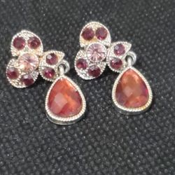 Teardrop Dangle EARRINGS Clip On Silver Tone Pink and Purple Stones Bow 1" drop 
