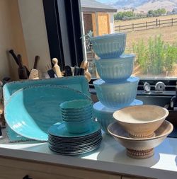 Melamine bowls serving trays and wooden bowls