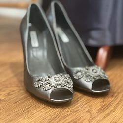 Silver Alfani Peep Toe Heels, Size 8.5