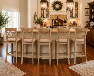 Set of 5 High-End Counter Height Stools – Distressed Wood & Upholstered Seats