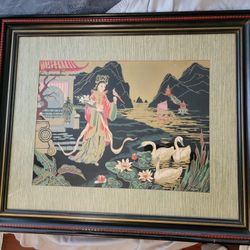 Large Vintage Chinese Silk Screen Print H CALPINI 1950's With Ornate Wood Frame