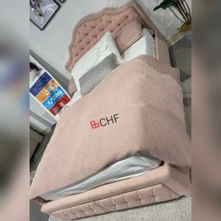 Pink Boucle Fabric full size bed frame with 2 Drawers 