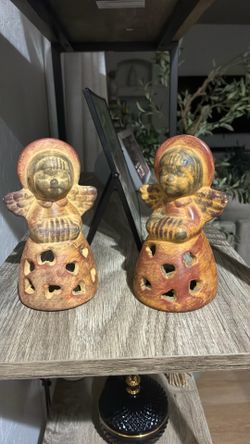 Pair of Vintage Terracotta Clay Angel Tealight Candle Holders Rustic
