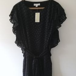 Michael Kors Women's Plus Size 3XL Black Textured Sheer Ruffled Dress NWT