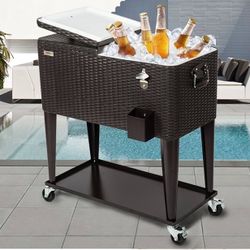 80 Quart Rolling Ice Chest, Portable Patio Party Bar Drink Cooler Cart, with Shelf, Beverage Pool with Bottle Opener (Brown)