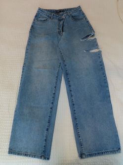 PrettyLittleThing Women’s Baggy Boyfriend Jeans Blue Mid/Low Rise Distressed US1