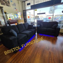 🎲 Sofa and Loveseat, Black Color, Chenille Fabric, Built-in Led Lights, New in the Box.
