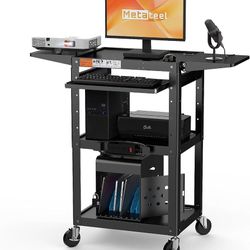 All-Steel Rolling AV Cart with Adjustable Height & Built-in Power – Heavy-Duty Media Workstation with Drop-Leaf Shelves & Wheels for Projectors, Lapto