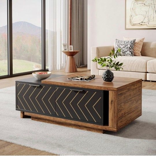 Extendable Coffee Table with 2 Storage Drawers, Dual-Tone Center Table with Sliding Tabletop, Multi-Functional Hidden Storage Wooden Rectangle Cocktai