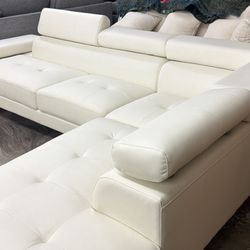 New Leather Sectional With Adjustable Headrests. White Leather. Free Delivery!