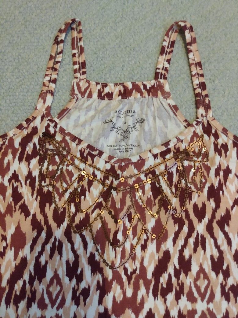 BRAND NEW W/TAG WOMEN'S SLEEVELESS THIN SOFT BLOUSE TOP W/METALLIC SEQUIN JEWELED FRONT NECKLINE