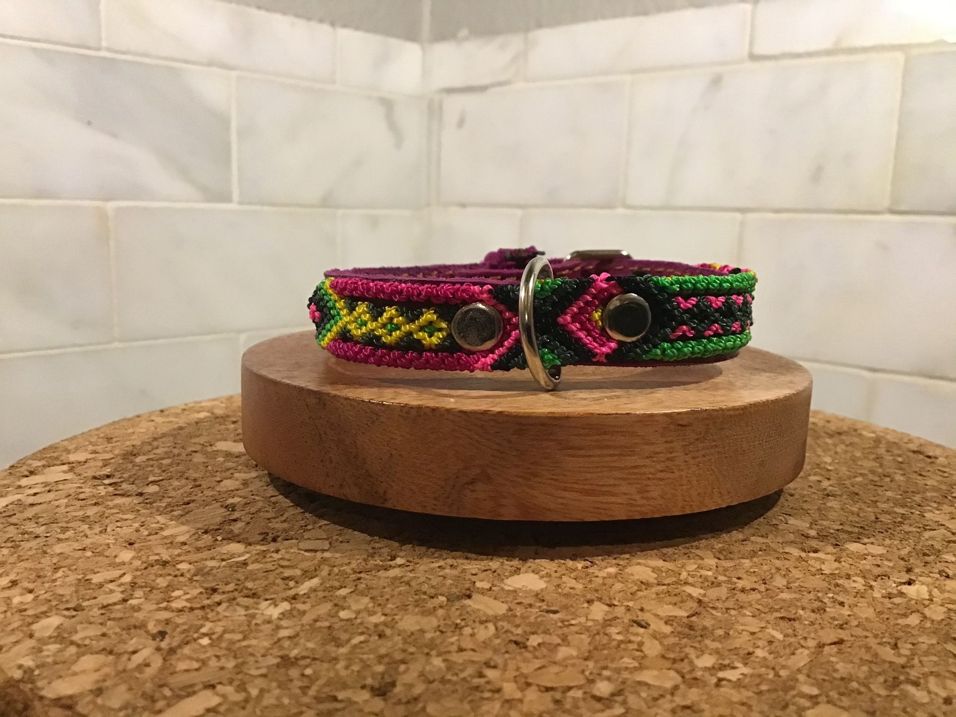 Handmade Dog Collar – 10” XS – Hot Pink, Green & Black Tribal Weave