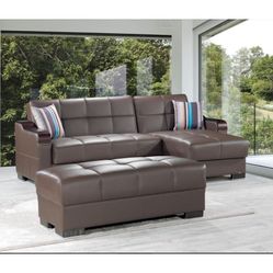 DOWNTOWN LEATHERETTE BROWN SECTIONAL SOFA BED WITH UNDERNEATH STORAGE!!! NEW !!!