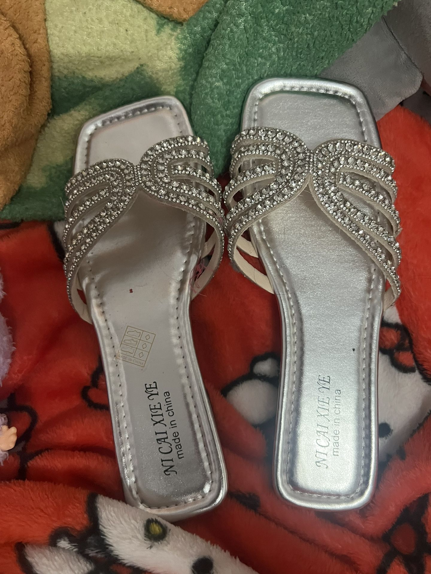 Silver Rhinestoned Slides