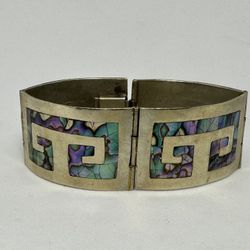 Vintage Mexican Sterling Silver Abalone Inlay Hinged Link Bracelet ~ 7in 32.6g