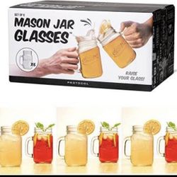 NEW. Mason Jar Glasses with Handles | Set of 6 | 16 Oz | Includes Lids I Dishwasher Safe Drinking GI