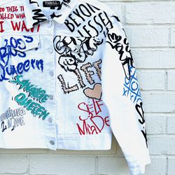 New Thrill Jeans White Denim Punk Graffiti Art Jacket Top Medium