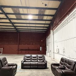 🔥Set of 3🔥Manual Recliner Sofa Set,  Genuine Leather Diamond Stitched with Nailhead Trim Switched Socket Outlet Includes Sofa, Loveseat with Storage