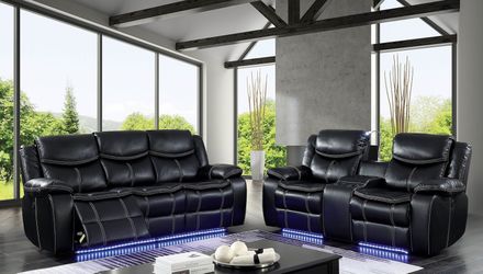 Sirius Collection: Black Power Recline Loveseat with LED Lights, Speakers & USB Port ($39 Down - No Credit Check Needed)
