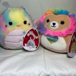 Original Squishmallows Wren & Leonard Rainbow Bug Lion Plush Pair 2021 Tags