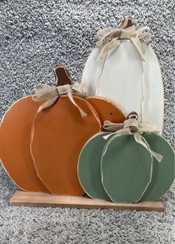 Carved Pumpkins Wood Home Decor Fall Autumn Rustic Orange Green White New