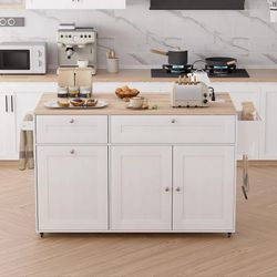 Rolling Kitchen Island on Wheels, Kitchen Islands Cart with Trash Can Storage Cabinet, Portable Island Table with Power Outlet, Drop Leaf, Spice Rack,