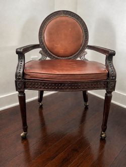 Classic Leather Library Armchair | Nailhead Trim | Solid Wood | Brass Casters