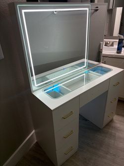 White Vanity Desk with LED Mirror and Drawers