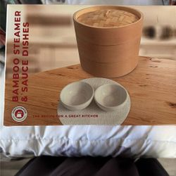 Brand New Bamboo Steamer And Sauce Dishes