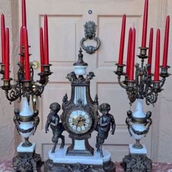 Antique Imperial Bronze /marble Clock With Candelabras Set Converted To Battery Operated 