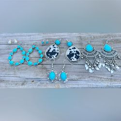 Lot of 6 Turquoise and Silver Toned Earrings Sets