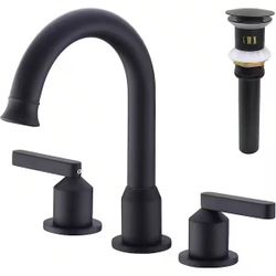 TRUSTMI Matte Black Bathroom Faucet 2 Handle 8 in. Widespread Vanity Sink Faucet with Overflow Drain 3 Hole Brass Sink Faucet 