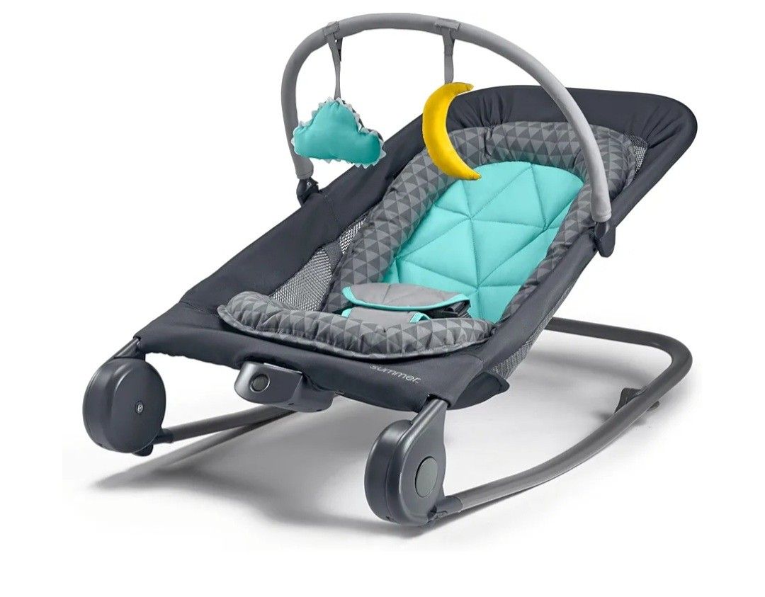 Summer Infant 2-in-1 Bouncer & Rocker Duo (Gray and Teal) Convenient and Portable Rocker and Bouncer for Babies Includes Soft Toys and Soothing Vibrat