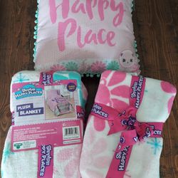 NEW Shopkins Happy Places Plush Two Blankets and Throw pillow