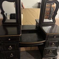 European Style Black Vanity With Mirrors And With A Chair