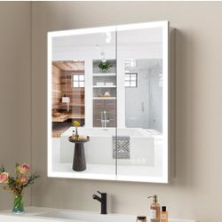 LED Lighted Medicine Cabinet with Mirror, 30X32 Inches Bathroom Mirror Cabinet with Lights, Recessed or Wall Mounted, 3 Color Temperatures, Anti-Fog