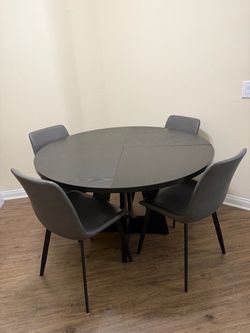 Dining Table, Round, Black w/ 4 Grey Chairs