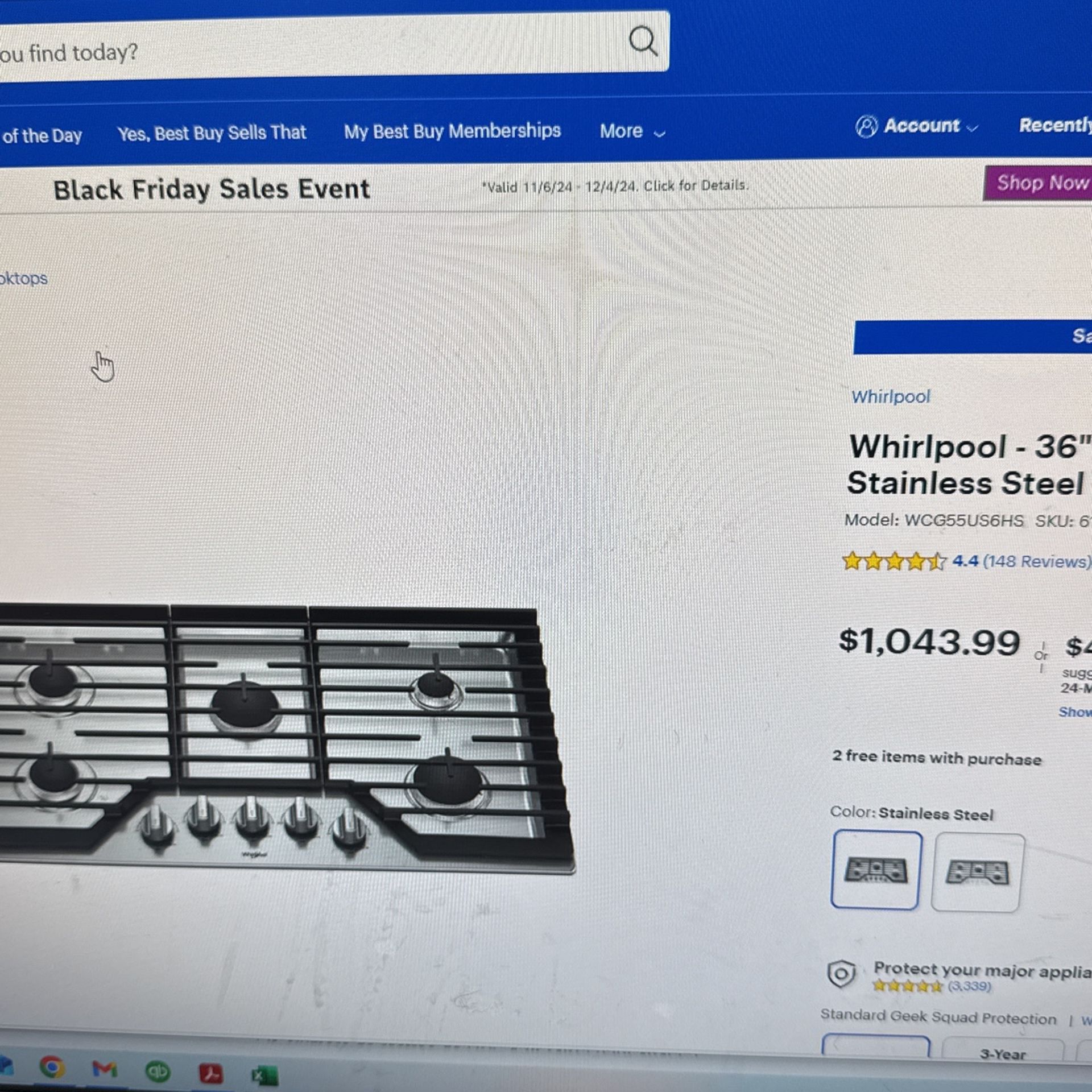 Whirlpool 36 Had Cooktop Stainless Steel