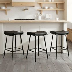 26 inch Counter Height Black Leather Bar Stools Set of 3, Backless Saddle Bar Stools for Kitchen Counter and Dining Room, Modern Kitchen Stools with D