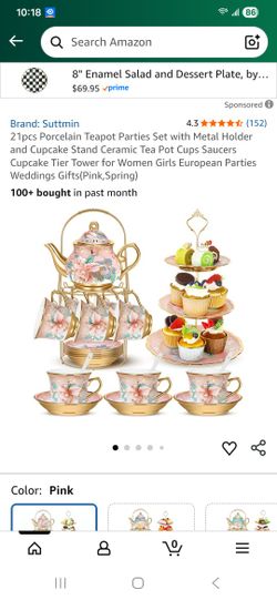 21pcs Porcelain Teapot Parties Set with Metal Holder and Cupcake Stand Ceramic Tea Pot Cups Saucers Cupcake Tier Tower for Women Girls European Partie
