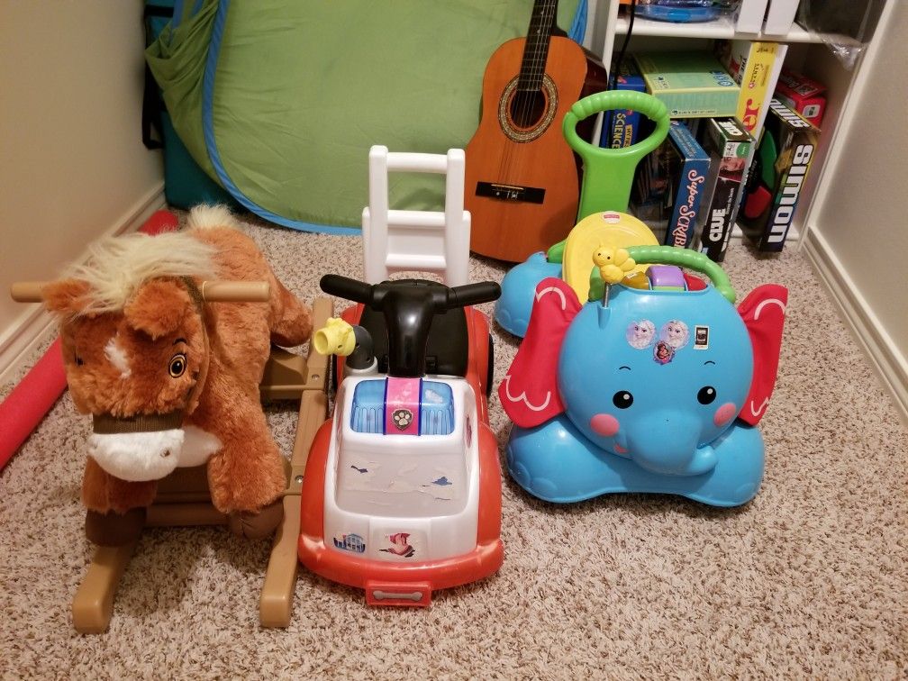 Rocking horse for $30; Paw Patrol fire truck for $10; Fisher-Price 3 in 1 bounce, stride, and ride elephant for $25