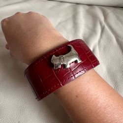 Burgundy Croc-Texture Leather Cuff Bracelet with Silver Dog Accent