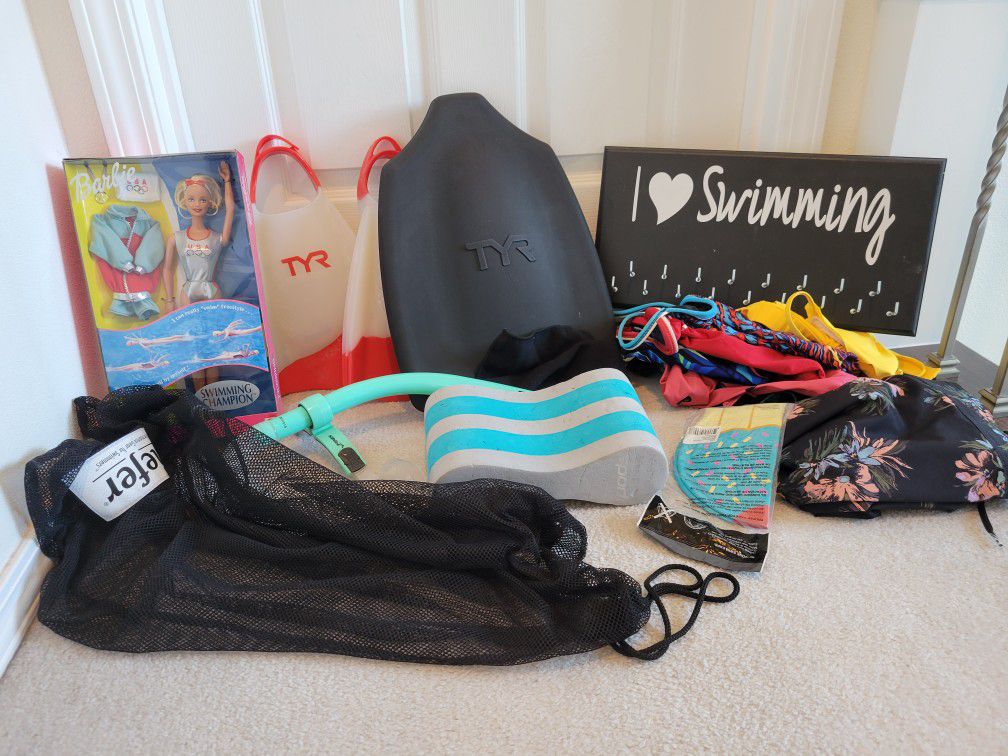SWIM GOODIES! Gear, suits (W28-30 and M32), brand new unopened cap, Barbie, and ribbon displayer! 