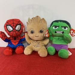 NEW!! TY Beanie Babies Marvel Hulk, Spider-Man, Groot 