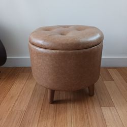 Round Tan Storage Ottoman – Faux Leather Footstool with Lid
