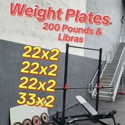 $250. Weight Plates 23²+23²+23²+33³ :198 POUNDS + BAR+ BENCH + Rack / PULL Ups + J Hooks.DeliveryFee